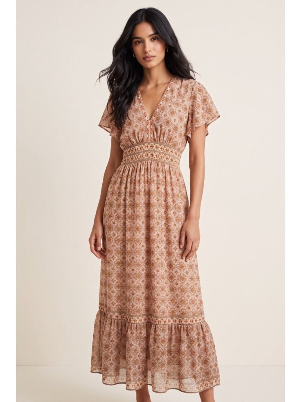 Max Studio Maxi Dress Size M Brown Paisley Boho Prairie Vacation Plunge NWT Fall